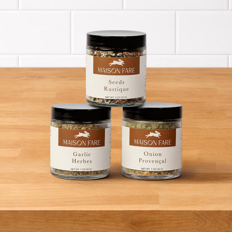 Three seasoning blend jars: Seeds Rustique, Garlic Herbes, Onion Provencal