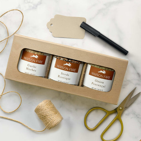 Trio seasoning gift set box with three spice jars and twine