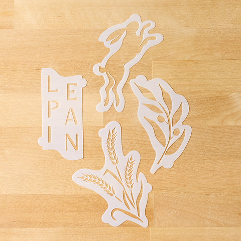 Provence bread stencils: wheat, herbs, and 'PAIN' lettering pieces